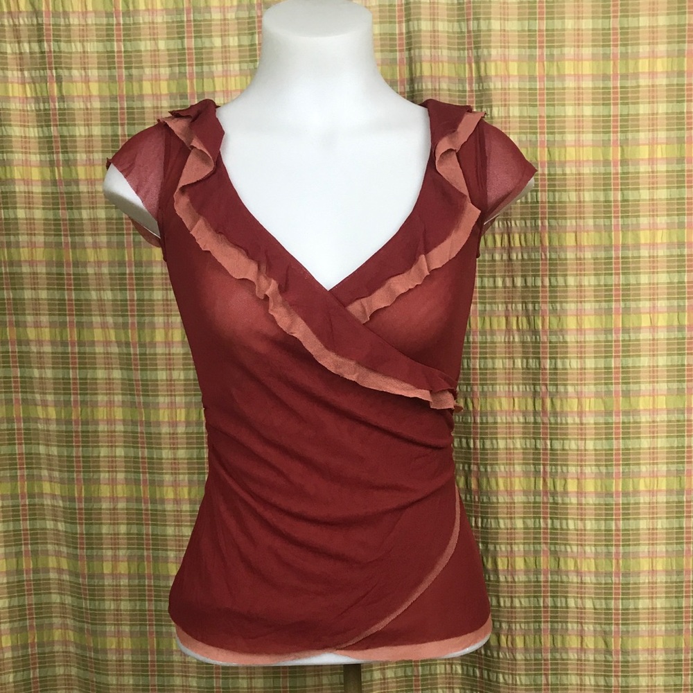 Anthro Maroon Blush Mesh Trim Faux Wrap Top XS